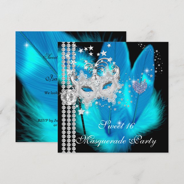 Masquerade Sweet 16 Teal Black Feather Mask Invitation (Front/Back)