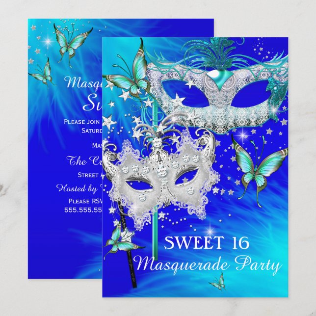 Masquerade Sweet 16 Teal Blue Diamond Mask Invitation (Front/Back)