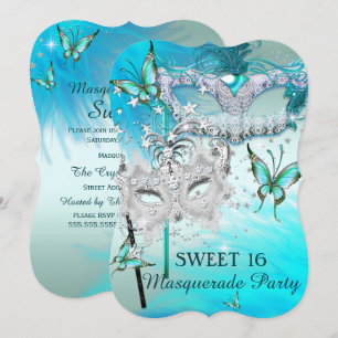 Masquerade Sweet 16 Teal Mint Diamond Mask Invitation
