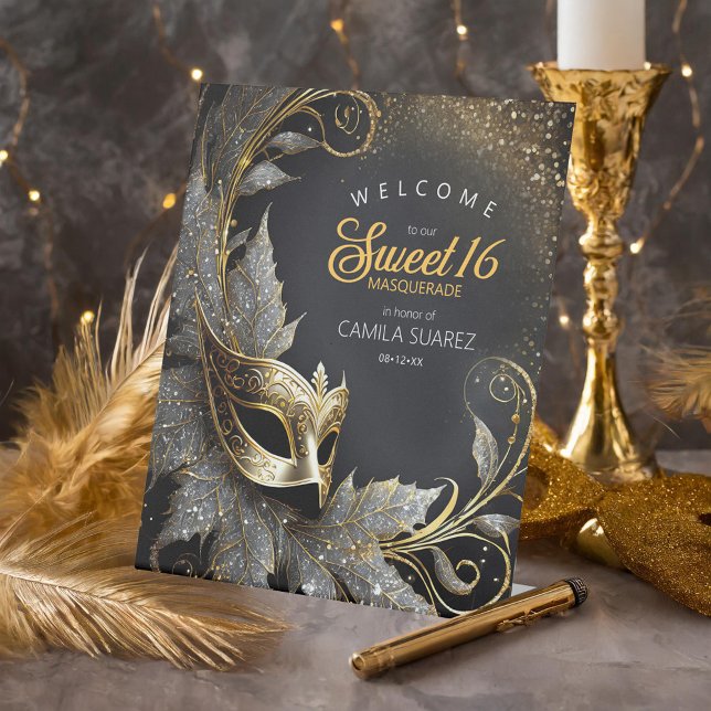 Masquerade Sweet 16 Welcome Black Gold ID1032 Pedestal Sign (Creator Uploaded)