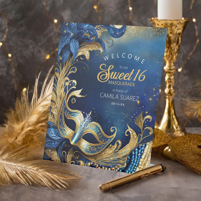 Masquerade Sweet 16 Welcome Blue Gold ID1032 Pedestal Sign (Creator Uploaded)