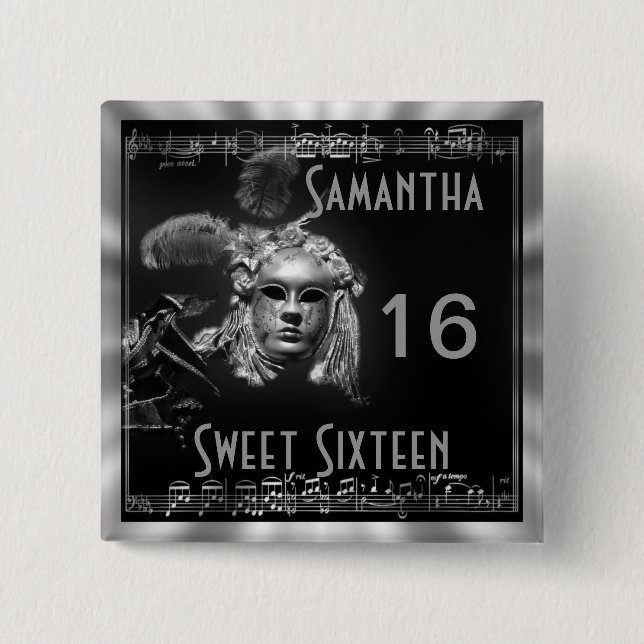 Masquerade sweet sixteen 15 cm square badge (Front)