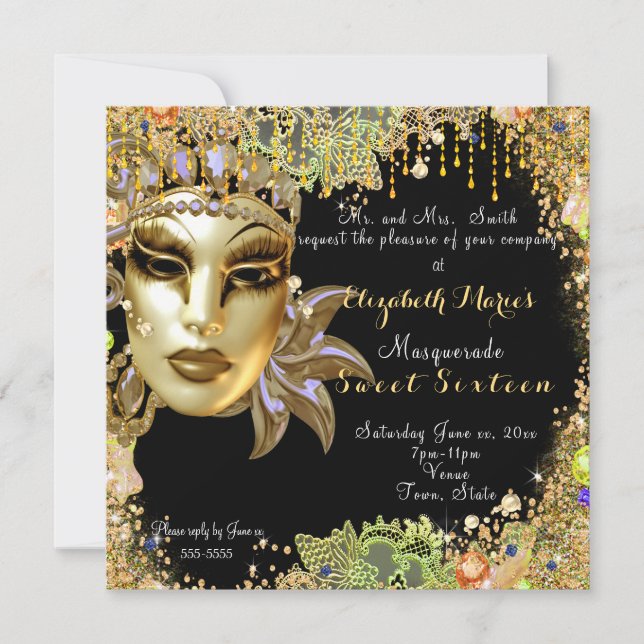 Masquerade, Sweet Sixteen, Gold Glitter Lace Invitation (Front)