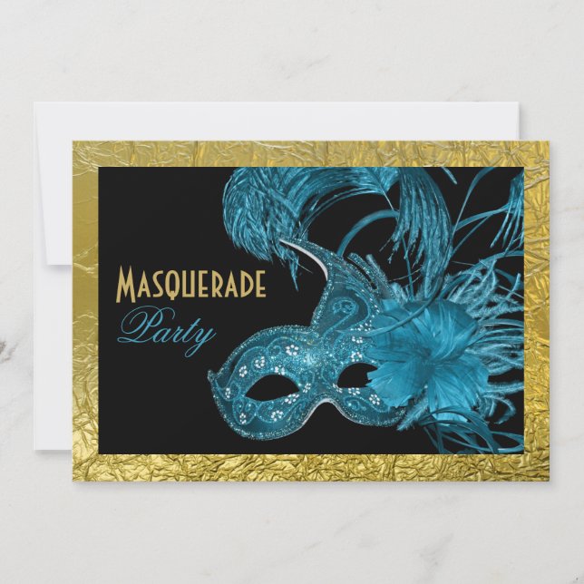 Masquerade Sweet Sixteen party blue, gold foil Invitation (Front)