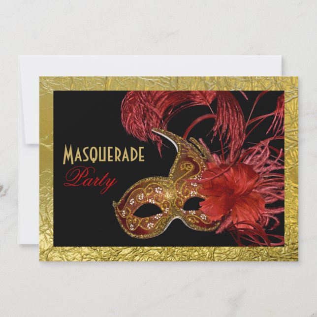 Masquerade Sweet Sixteen party red, faux gold foil Invitation (Front)