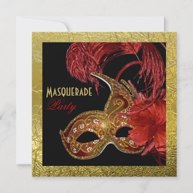 Masquerade Sweet Sixteen party red, faux gold foil Invitation (Front)