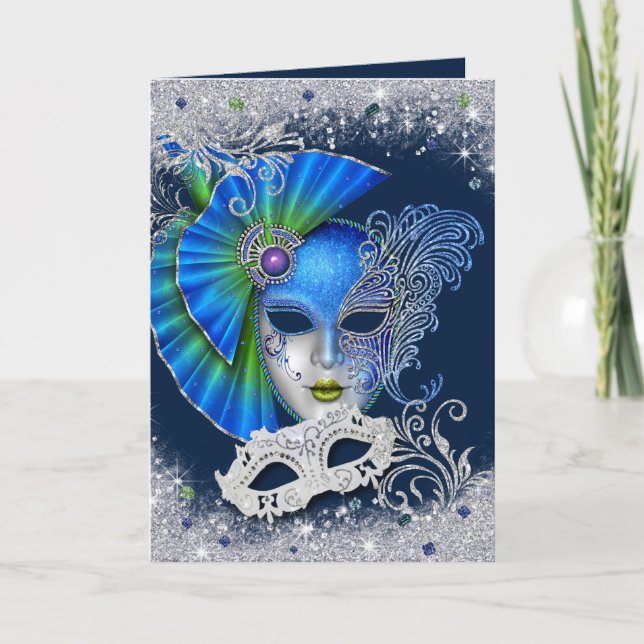 Masquerade Sweet Sixteen Silver and Blue Invitation (Front)