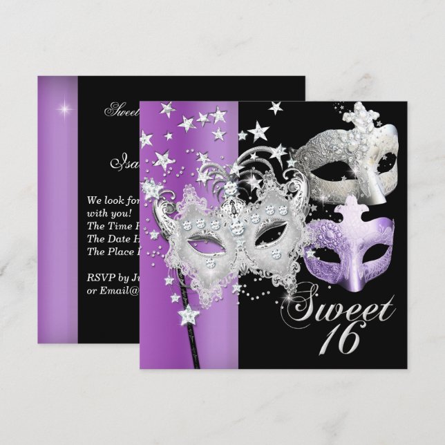 Masquerade Sweet Sixteen Sweet 16 Lilac Black Invitation (Front/Back)