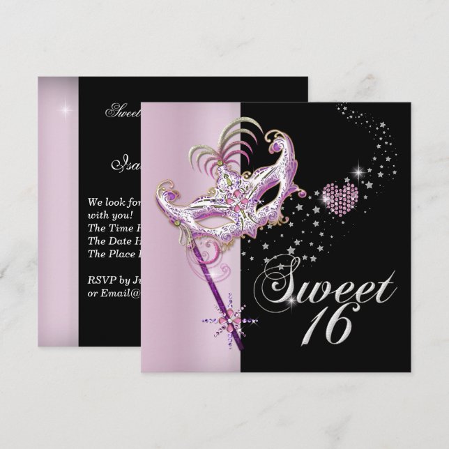 Masquerade Sweet Sixteen Sweet 16 Pink Black Invitation (Front/Back)
