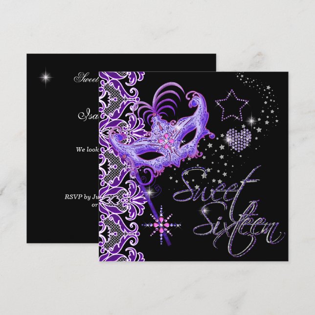 Masquerade Sweet Sixteen Sweet 16 Purple Black Invitation (Front/Back)