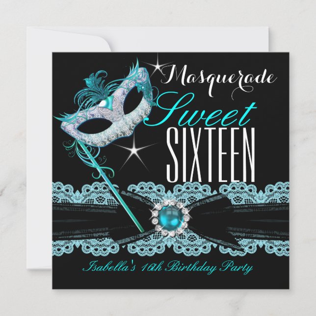Masquerade Sweet Sixteen Sweet 16 Teal Blue 2 Invitation (Front)