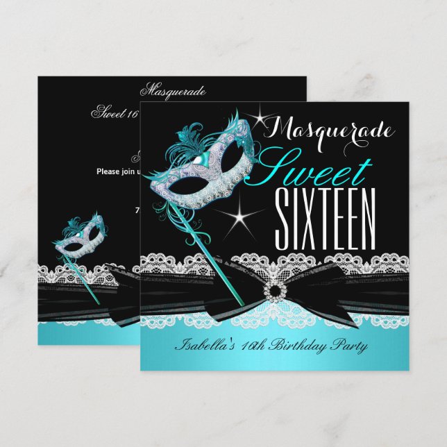 Masquerade Sweet Sixteen Sweet 16 Teal Blue 3 Invitation (Front/Back)