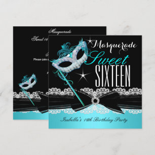 Masquerade Sweet Sixteen Sweet 16 Teal Blue 3 Invitation