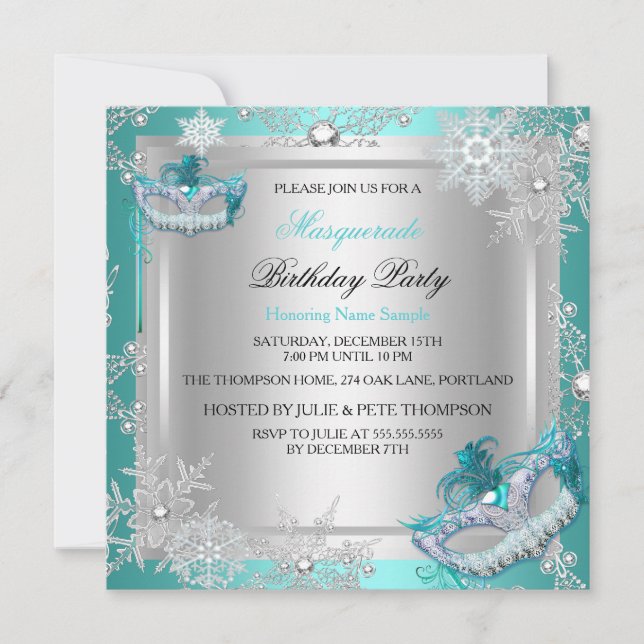 Masquerade Teal Blue Silver Snowflakes Masks Party Invitation (Front)