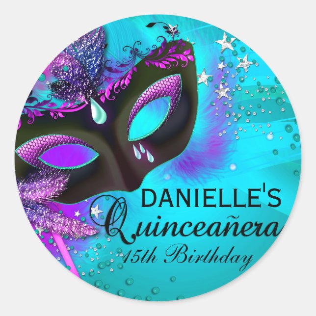 Masquerade Teal & Purple Quinceanera Sticker (Front)