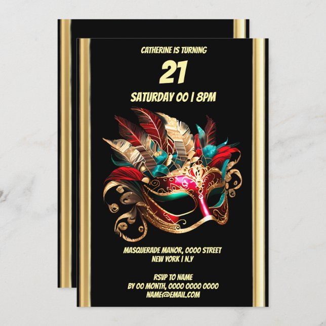 Masquerade theme carnival blue gold teal mask invitation (Front/Back)