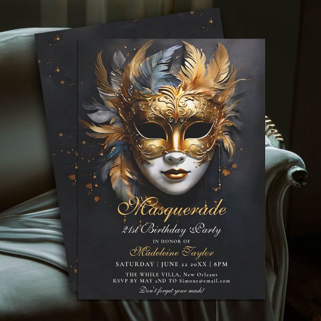 Masquerade Venetian Mask Gold Purple 21st Birthday Invitation (masquerade 21st birthday party invitation glam gold purple venetian mask mascarade)