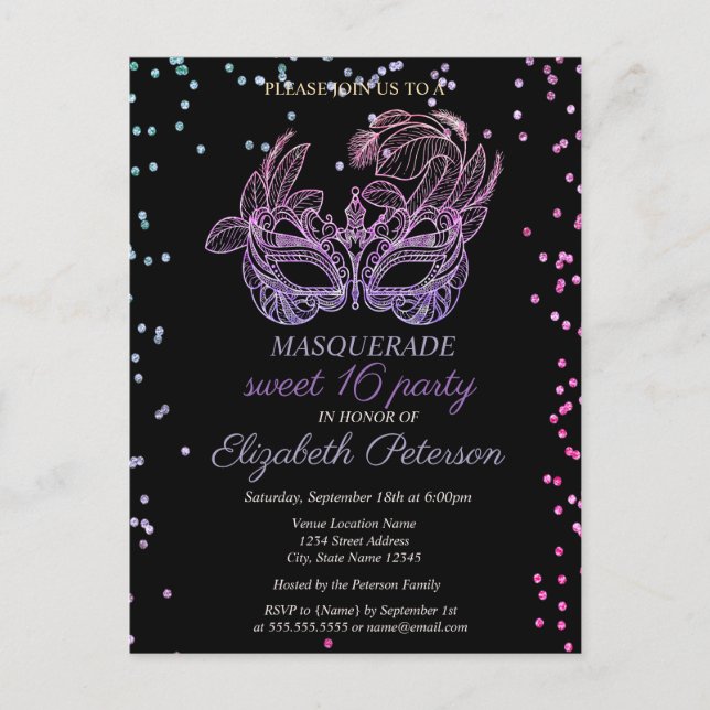 Masquerade Violet Diamonds,Masque Sweet 16  Invitation Postcard (Front)