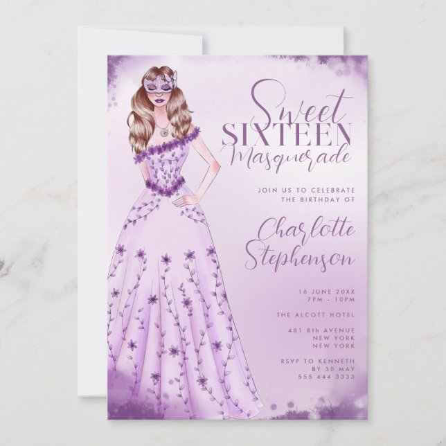 Masquerade Watercolor Illustration Sweet Sixteen Invitation (Front)