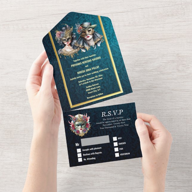 Masquerade wedding blue damask gold masks costume all in one invitation (Tearaway)