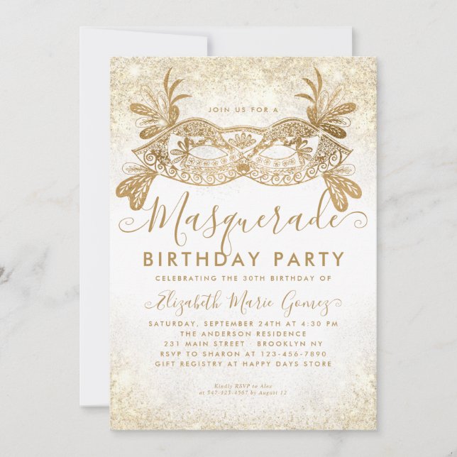 Masquerade White Gold Glitter Dust Birthday Party Invitation (Front)