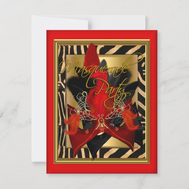 Masquerade Zebra Mask Red Gold Birthday Party Invitation (Front)