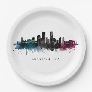 Massachusetts Art Boston MA Skyline Watercolor Paper Plate
