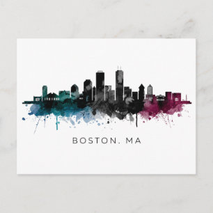 Massachusetts Art Boston MA Skyline Watercolor Postcard