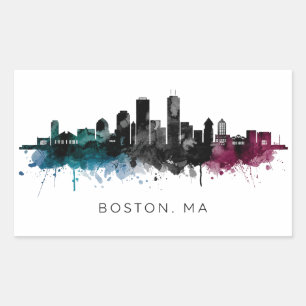 Massachusetts Art Boston MA Skyline Watercolor Rectangular Sticker