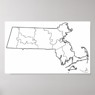Massachusetts Counties Blank Outline Map Poster