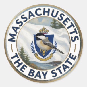 🌊 Massachusetts Flag and Black-capped Chickadee Classic Round Sticker