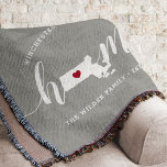 Massachusetts Home State Personalised Throw Blanket<br><div class="desc">Show some home state pride with this cute rustic grey throw blanket featuring "home" in white calligraphy script lettering with a silhouette map of the state of Massachusetts standing in for the letter "O." A red heart illustration inside the state map completes the design; you can change the position of...</div>