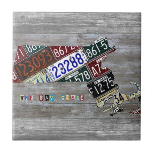 Massachusetts License Plate Map Ceramic Tile V3