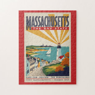 Massachusetts Lighthouse Illustration Travel Art Jigsaw Puzzle