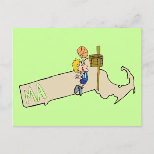 Massachusetts MA Map & Basketball Cartoon Art Postcard