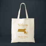 Massachusetts Map Wedding Welcome Bag Tote, Gold<br><div class="desc">Wedding weekend welcome gift bag for out of town guests to your wedding,  featuring image of Massachusetts,  with heart you may place at the precise location. Fill tote with your favourite goodies.</div>