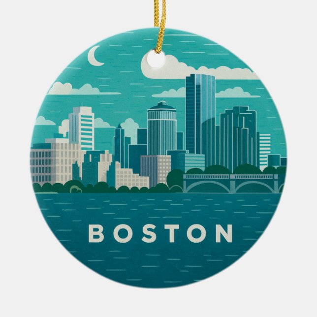 Massachusetts Night Cityscape | Boston City Ceramic Tree Decoration (Front)