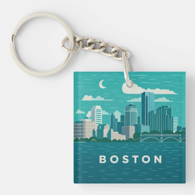 Massachusetts Night Cityscape | Boston City Key Ring (Front)