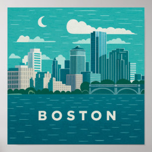 Massachusetts Night Cityscape Boston City Poster