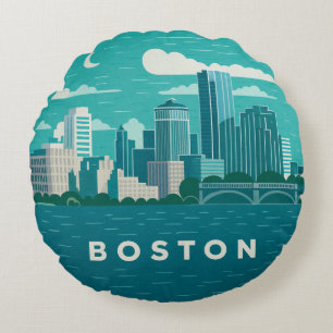 Massachusetts Night Cityscape Boston City Round Cushion