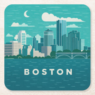 Massachusetts Night Cityscape   Boston City Square Paper Coaster