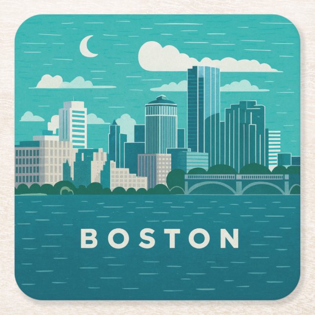 Massachusetts Night Cityscape | Boston City Square Paper Coaster (Front)