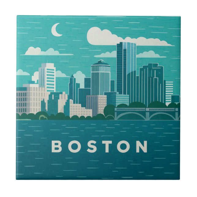 Massachusetts Night Cityscape | Boston City Tile (Front)