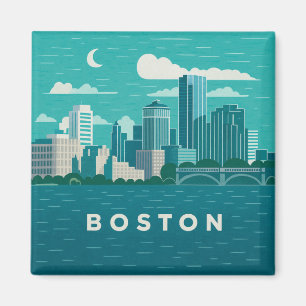 Massachusetts Night Cityscape   Boston Skyline Art Magnet