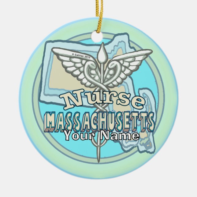 Massachusetts Nurse Caduceus Ceramic Tree Decoration (Front)