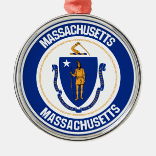 Massachusetts Round Emblem Metal Tree Decoration