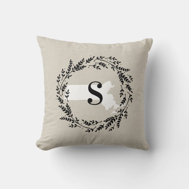 Massachusetts Rustic Wreath Monogram Throw Pillow (Front)