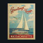 Massachusetts Sailboat Vintage Travel Postcard<br><div class="desc">This Greetings From Massachusetts vintage travel nautical design features a boat sailing on the water with seagulls and a blue sky filled with gorgeous puffy white clouds.</div>