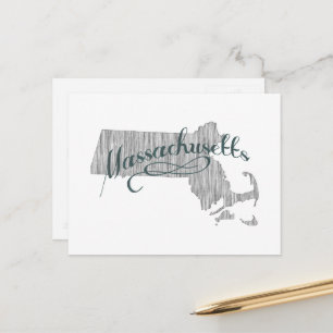 Massachusetts Shaped Vintage Grey Typography Name Postcard
