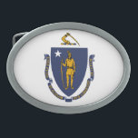 MASSACHUSETTS STATE FLAG BELT BUCKLE<br><div class="desc">The flag of the state of Massachusetts features the state coat of arms centered on a white field. The shield depicts an Algonquian Native American with bow and arrow; the arrow is pointed downward, signifying peace. A white star with five points appears next to the figure's head, signifying Massachusetts as...</div>